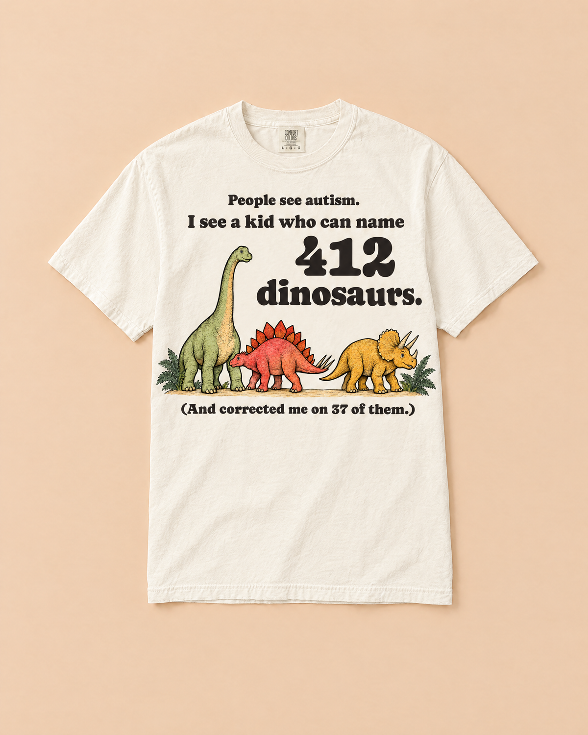 412 Dinosaurs tee in ivory, front